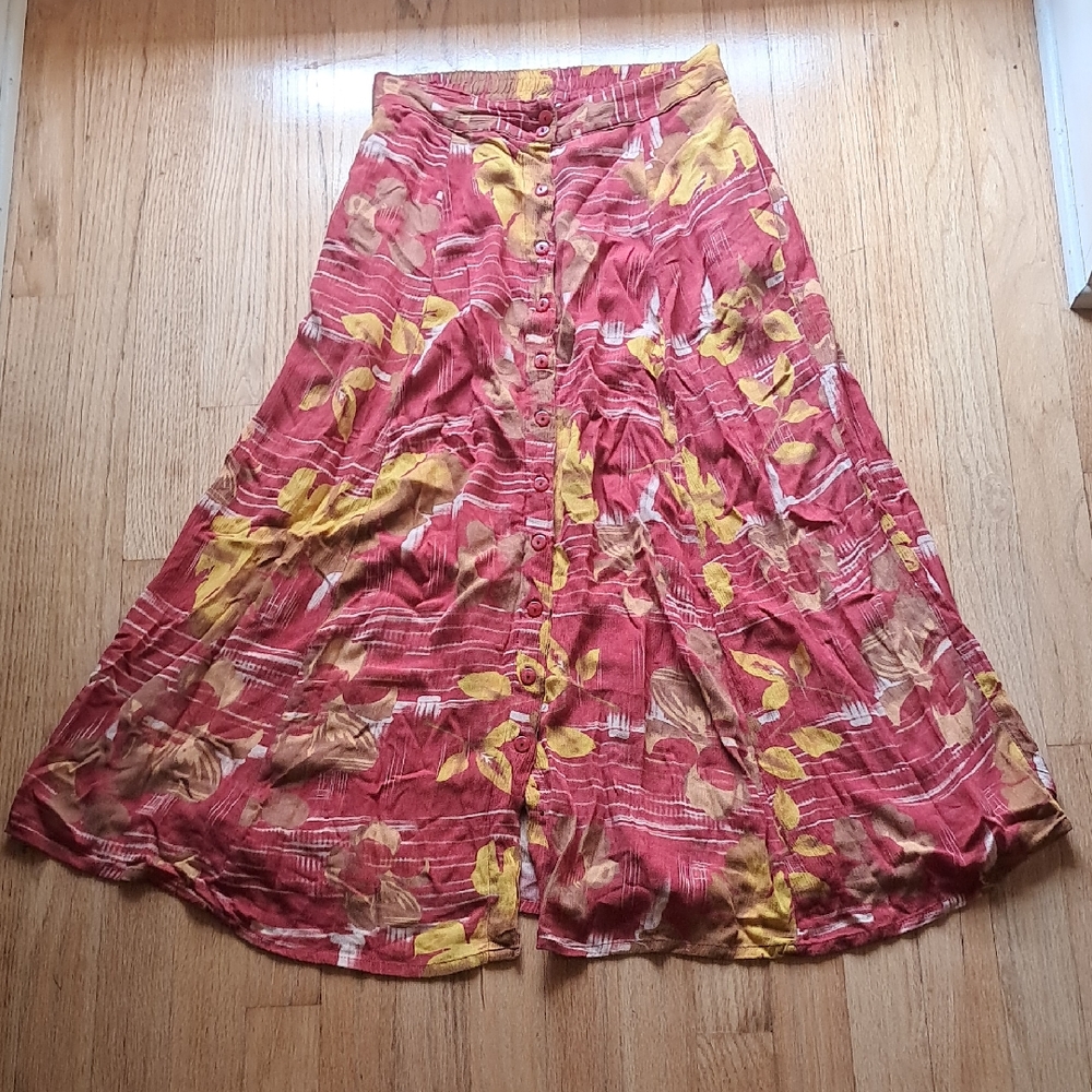 Floral Button-Down Skirt in Red and Yellow